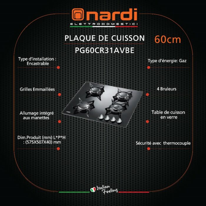 Nardi plaque de cuisson en verre PG60CR31AVBE – Image 2
