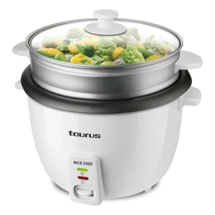 Taurus Rice Chef - Cuiseur à riz 700W, Capacité 1,8L, Revêtement anti-adhérent, Fonction cuisson et maintien au chaud, Accessoires cuisson à la vapeur, Blanc