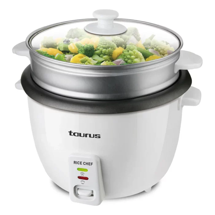 Taurus Rice Chef - Cuiseur à riz 700W, Capacité 1,8L, Revêtement anti-adhérent, Fonction cuisson et maintien au chaud, Accessoires cuisson à la vapeur, Blanc